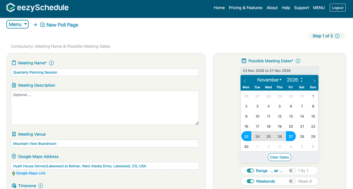 Setting the meeting name and selecting dates on the poll's Step 1 page