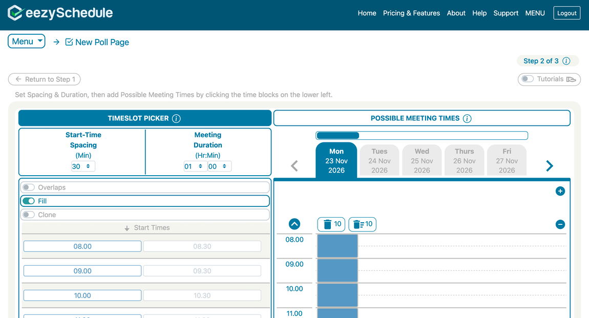 Using the Fill toggle to add a day's worth of back-to-back timeslots in one click