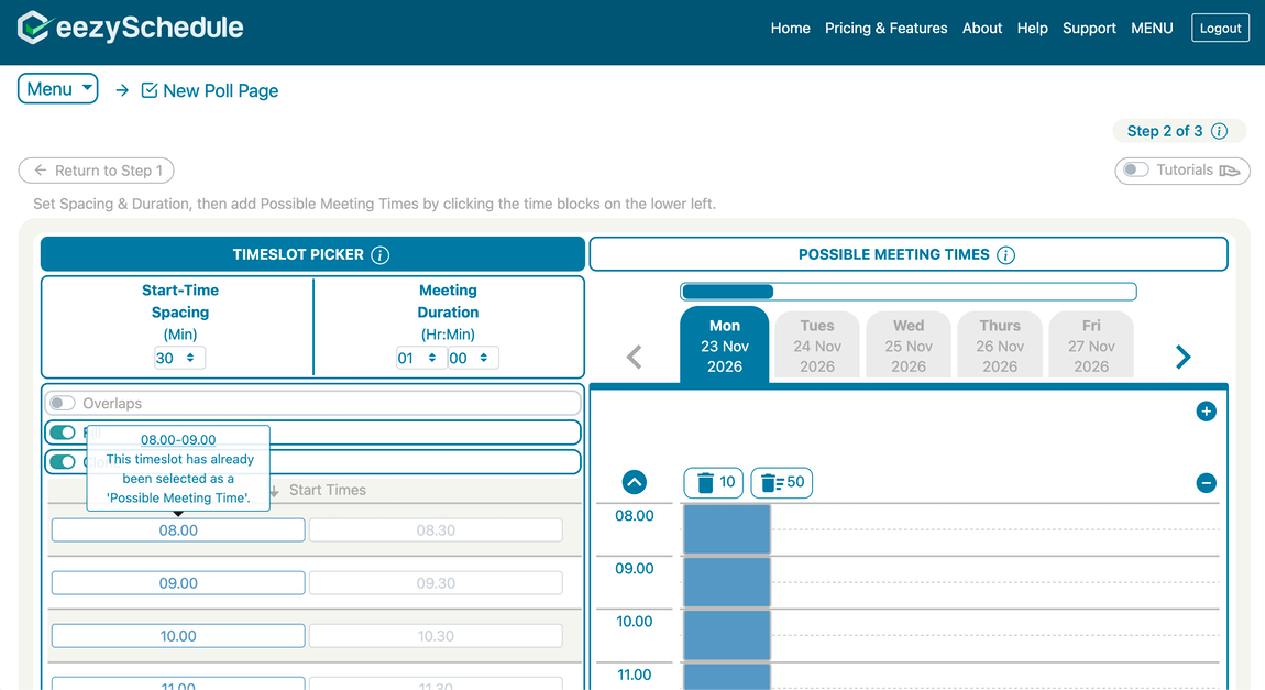 A day's timeslots cloned across all selected dates using the Clone toggle