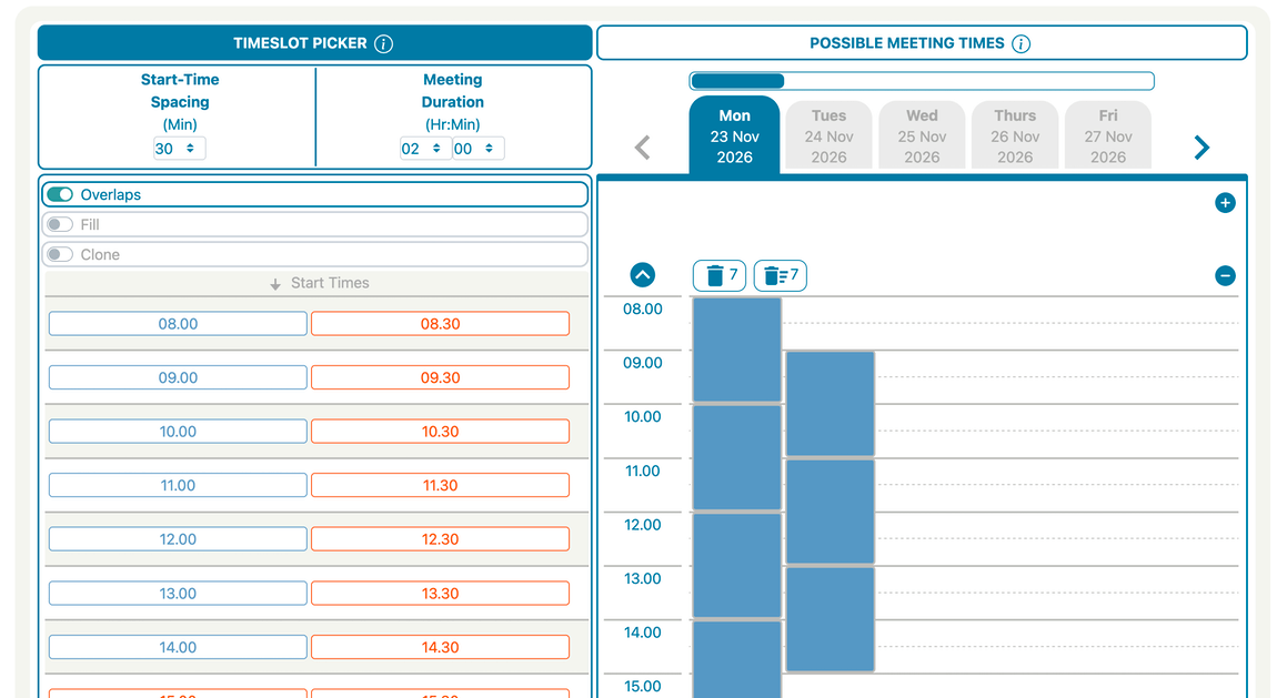Overlapping timeslots shown side by side after switching on the Overlaps toggle