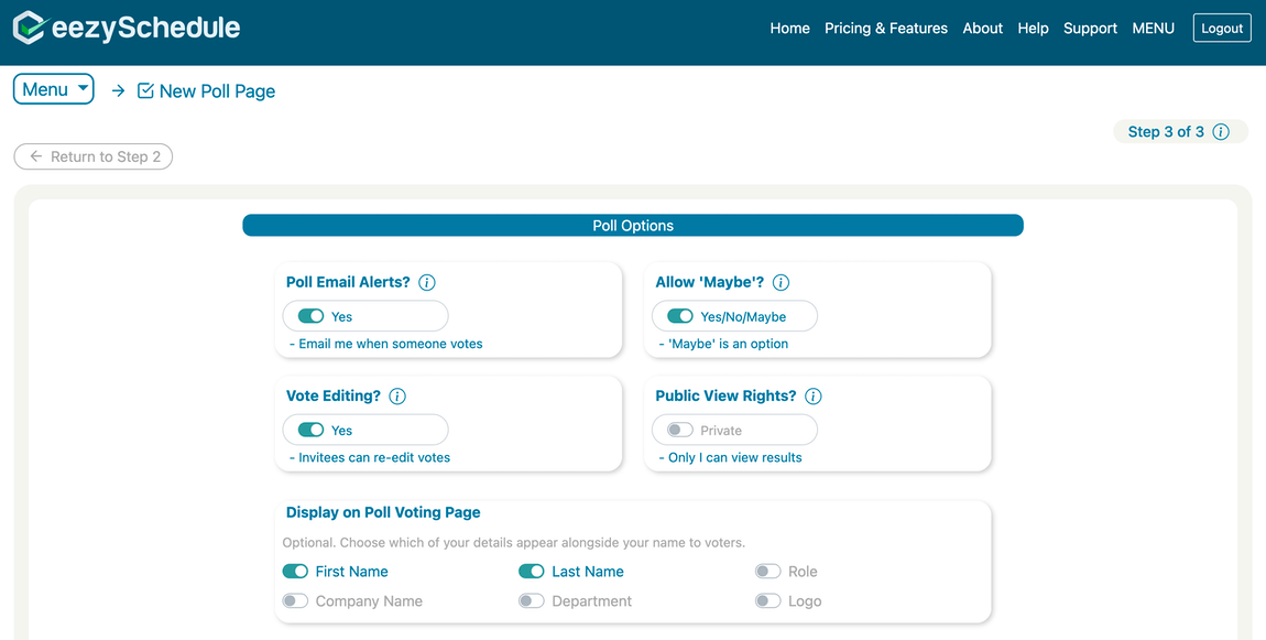 Step 3 poll options panel with Vote Editing switched on and the voting page display settings below it