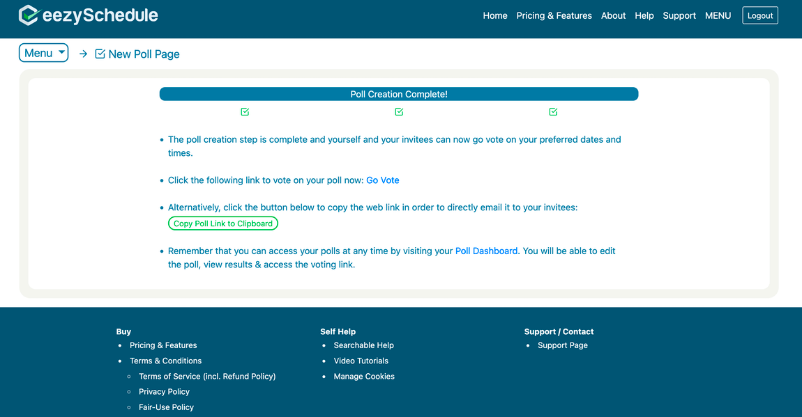 Poll Creation Complete confirmation screen with a Copy Poll Link to Clipboard button