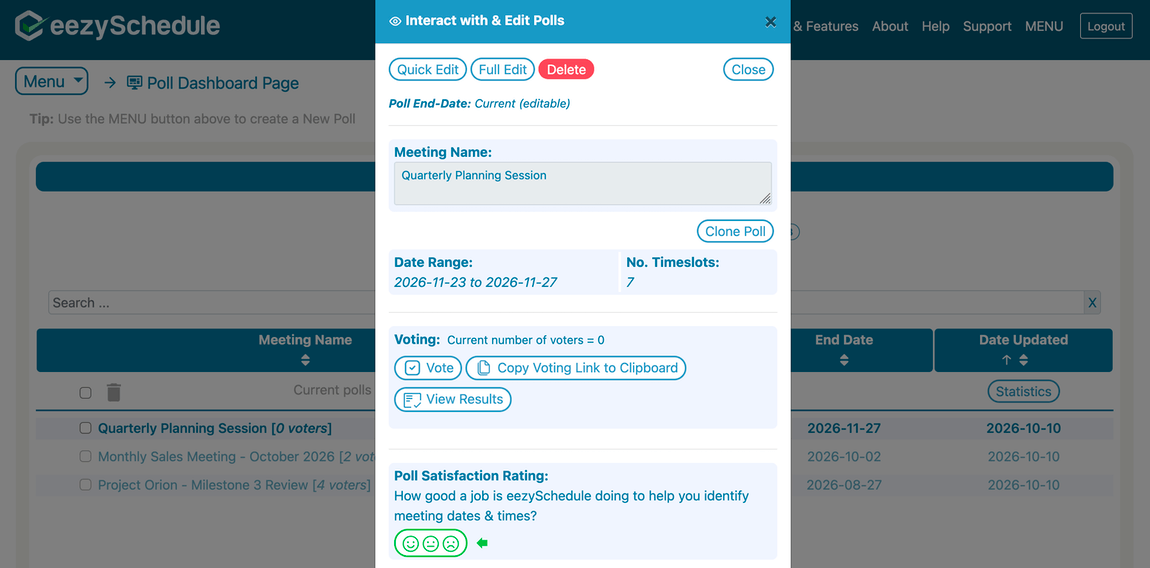 The Poll Dashboard's Interact with and Edit Polls panel showing Quick Edit, Full Edit, Clone Poll and voting options