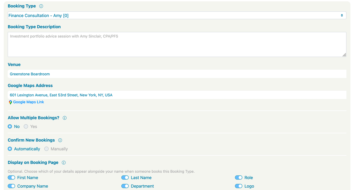 Setting up a Booking Type's name, description and options