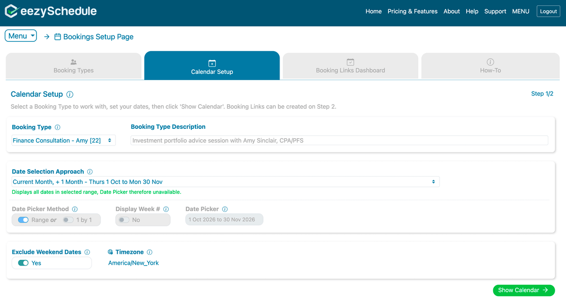 Choosing dates for a Booking Type on the Calendar Setup page