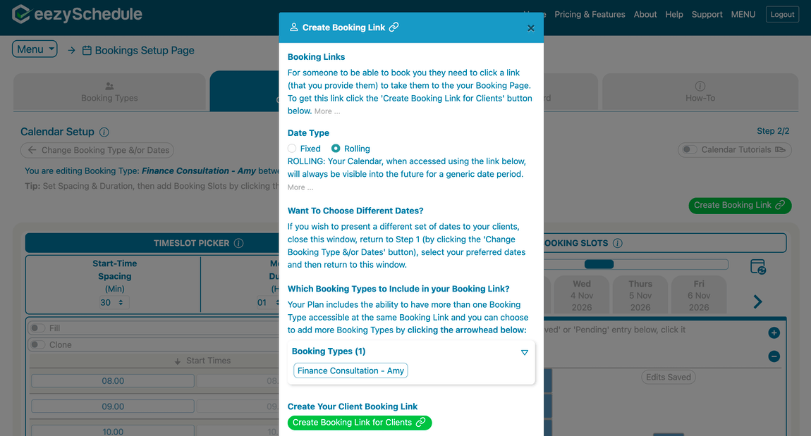 The Create Booking Link modal, choosing Date Type and which Booking Types to include