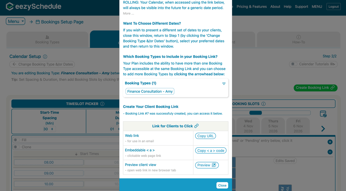 A newly created Booking Link, with options to copy the web link, copy the embeddable code, or preview it