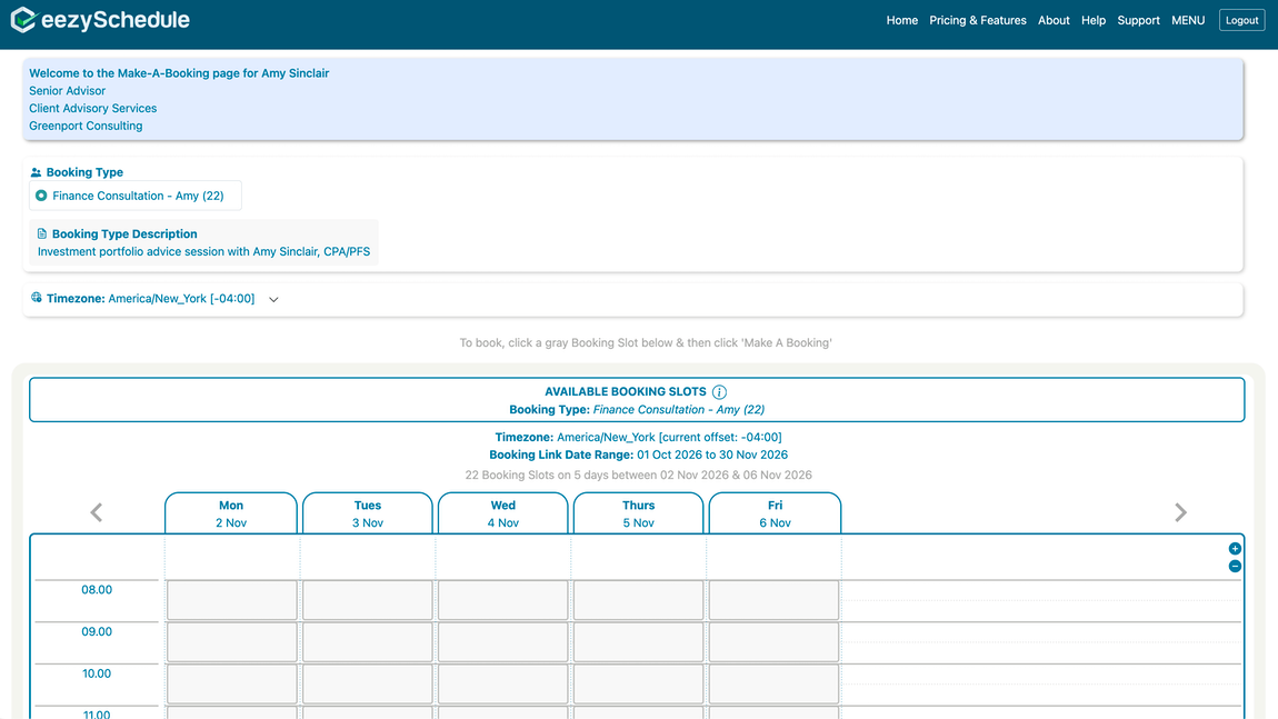 The Make A Booking page a visitor sees after clicking a Booking Link, including the timezone selector