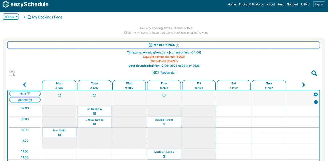 The My Bookings page, showing the weekly calendar grid used to manage incoming bookings